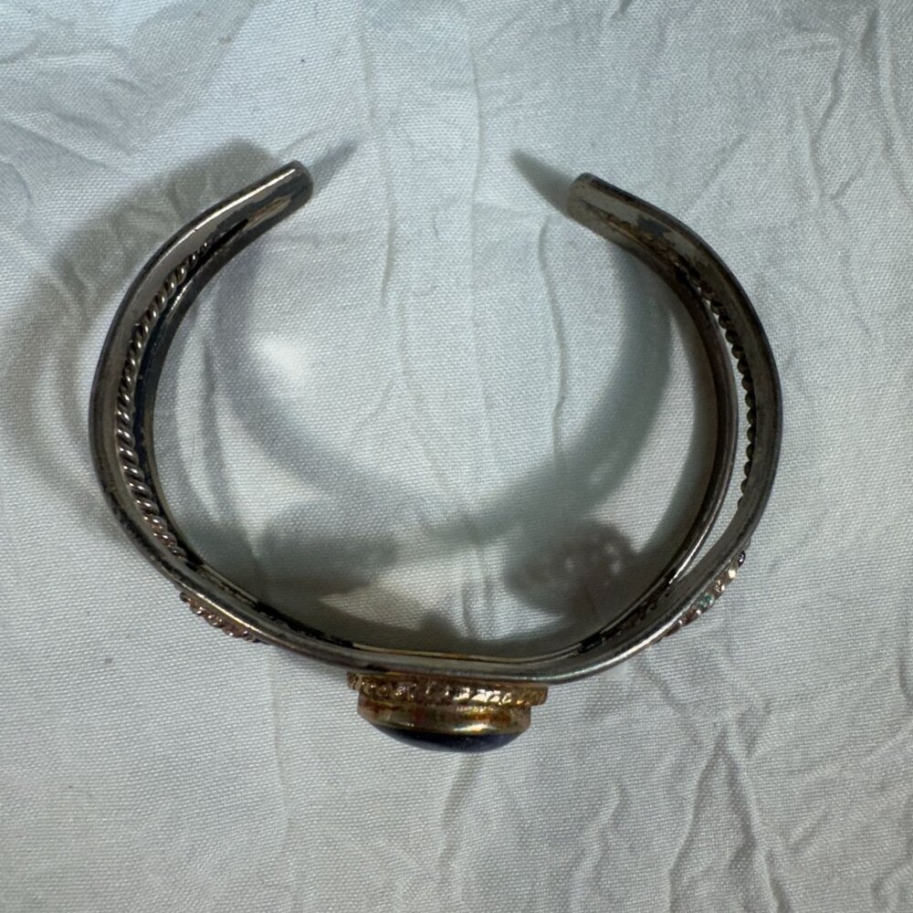 Vintage Navajo Sterling Silver & Lapis Bracelet Swirl Rope Design Cuff - Picture 9 of 9